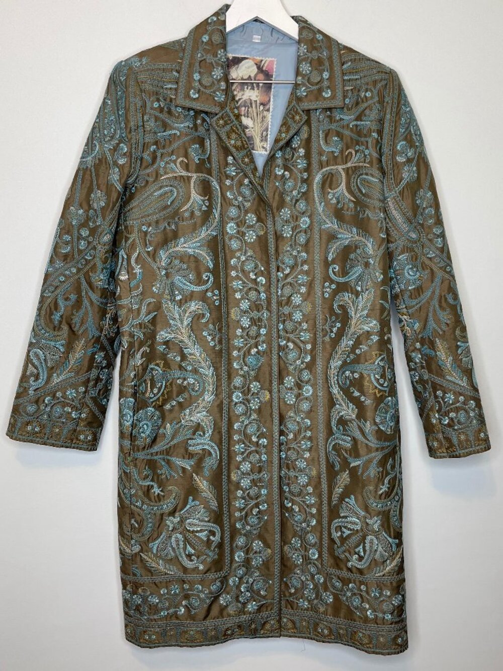 Johnny Was Silk Coat with Light Blue/Teal Embroidery - Picture 4 of 13